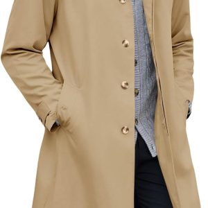 Mens Trench Coat Single Breasted Casual Slim Fit Windbreaker Lapel Lightweight Long Jacket Overcoat