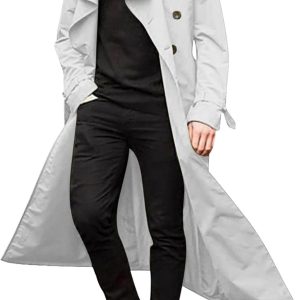 Mens Long Trench Coat Business Casual Double Breasted Overcoat Fall Winter Solid Color Windbreaker Lapel Outwear