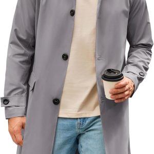Mens Trench Coat Slim Fit Single Breasted Long Windbreaker Jacket Classic Lapel Casual Overcoat