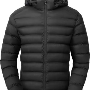 Men's Lightweight Puffer Jackets Detachable Hood Water-Resistant Casual Winter Coat Hooded Insulated for Travel Ski