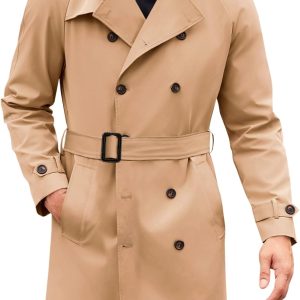 Mens Trench Coat Double Breasted Mid Long Jacket Casual Belted Overcoat Notched Lapel Windbreaker
