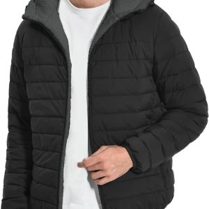 Men's Winter Puffer Jacket Sherpa Lined Hooded Water Resistant Midweight Warm Insulated Quilted Down Coat Parka
